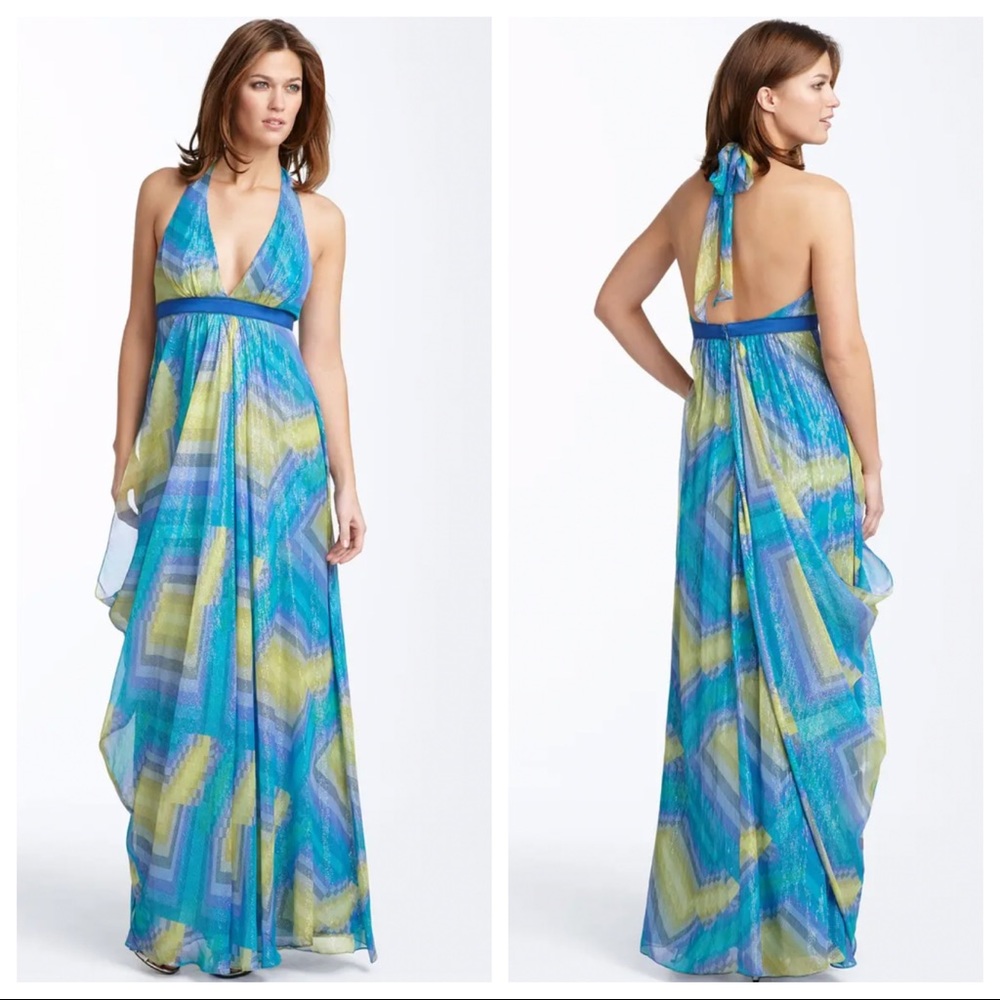 Silk NWOT BCBGMaxAzria Blue and Green halter Maxi Dress - Picture 2 of 12